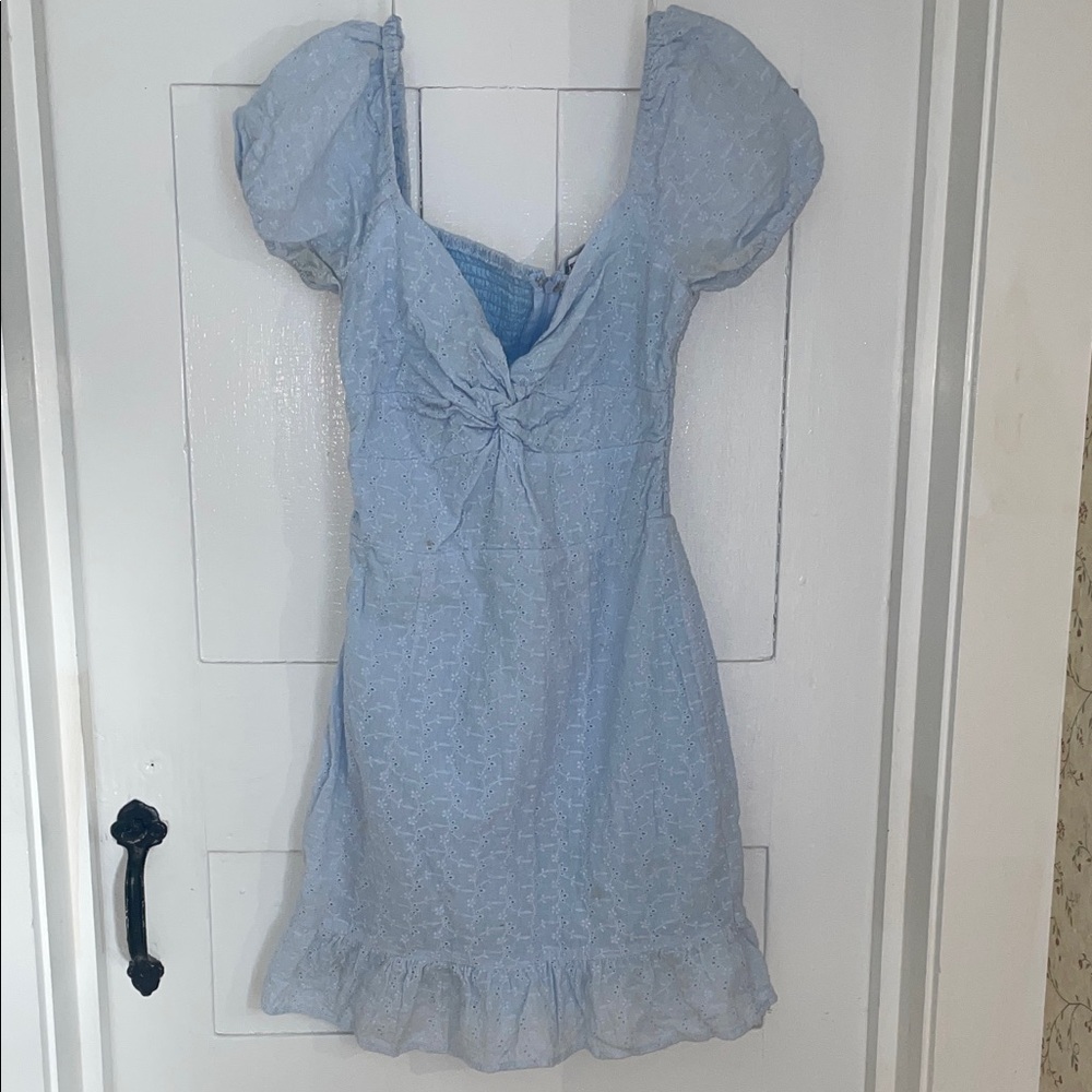 Sky Blue Smocked Dress - Puffy Sleeves - Embroidered